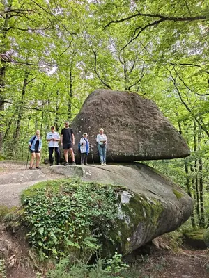 a group of people walking around a rock in the woods at Maison de vacances, gîte au calme en pleine nature, le Frêne in Lacrouzette