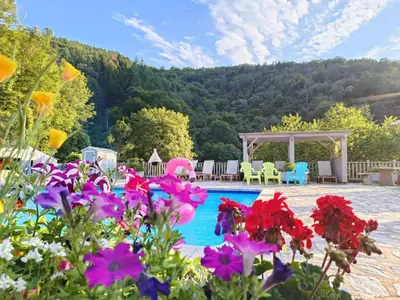 a pool with flowers and a gazebo at Maison de vacances, gîte au calme en pleine nature, le Frêne in Lacrouzette