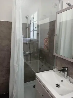a bathroom with a shower and a sink and a mirror at Maison de vacances, gîte au calme en pleine nature, le Frêne in Lacrouzette