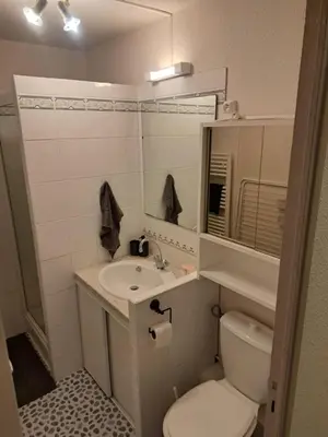 a bathroom with a toilet and a sink and a mirror at appartement en résidence privée dotée de piscines in Gruissan