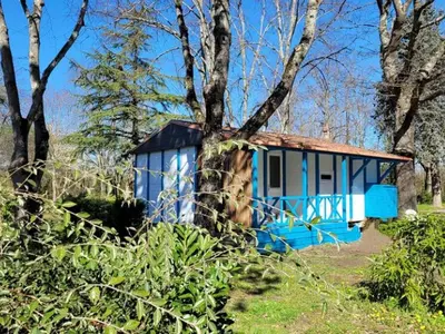 a blue house in the middle of some trees at Chalet 6 pers avec Terrasse & Jardin - API-1-52-1952 in Pamiers