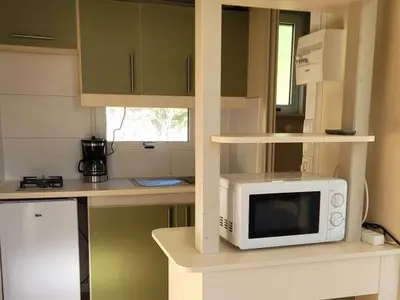 a microwave sitting on a counter in a kitchen at Chalet Confortable avec Terrasse - 5 pers - API-1-52-1957 in Pamiers