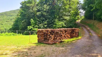 a brick wall on the side of a dirt road at L'echappee nature le grand gite in Saint-Benoît