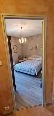 a bedroom with a bed and a chandelier at L'echappee nature le grand gite in Saint-Benoît