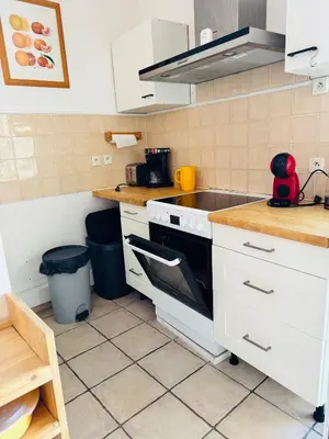 a kitchen with a sink and a stove at Maison de village à Roquefort des Corbières in Roquefort-des-Corbières