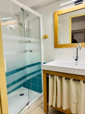 a bathroom with a sink and a shower at Maison de village à Roquefort des Corbières in Roquefort-des-Corbières
