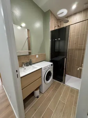 a bathroom with a washing machine and a sink at T2 centre-ville rénové avec goût in Narbonne
