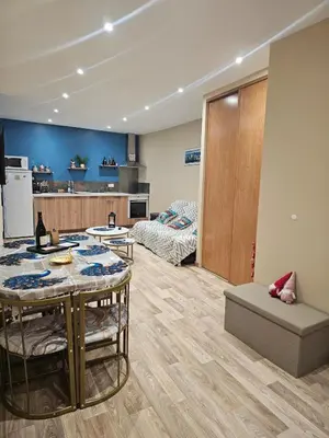 a kitchen counter with a christmas tree on a shelf at modern studio ground floor Wi-Fi TV parking in Salses-le-Chateau