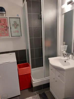 a bathroom with a shower and a sink at Le Grand Large in Gruissan