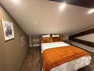 a bedroom with a large bed in a attic at Maison de village in Montferrier