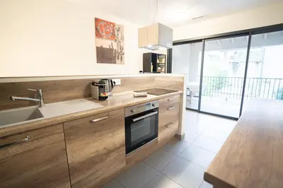 a kitchen with wooden cabinets and a sink at Air-conditioned 2 bedroom apartment with Terrace Parking Carcassonne in Carcassonne