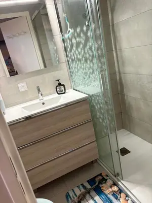 a bathroom with a shower and a sink at Pavillon Bord de mer Gruisan in Gruissan