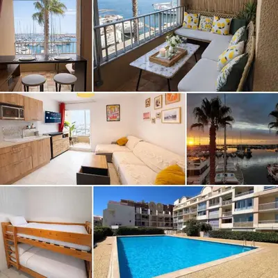a collage of photos of a apartment with a pool at NOUVEAU La Grande Voile Piscine-Parking-Draps By LCG in Gruissan