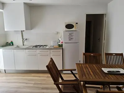 a kitchen with a table and chairs and a refrigerator at Barracuda of port terrace sea for 6 in Port-la-Nouvelle