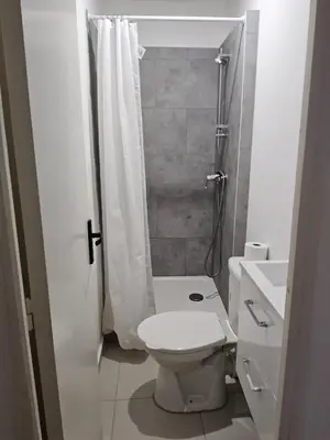 a small bathroom with a toilet and a shower at Barracuda of port terrace sea for 6 in Port-la-Nouvelle