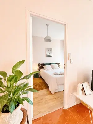 a bedroom with a bed and a large mirror at Cozy 48 m2 Narbonne proche gare et centre-ville in Narbonne