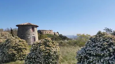 an old building on top of a hill with flowers at Gîte Un Air d'Autan, labelissé 3 étoiles in Saint-Félix-Lauragais