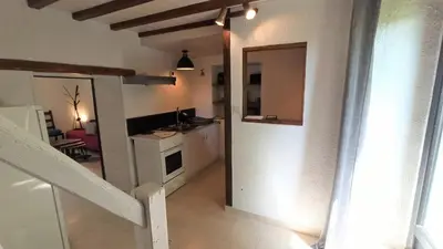 a room with a kitchen and a living room at Gîte Un Air d'Autan, labelissé 3 étoiles in Saint-Félix-Lauragais