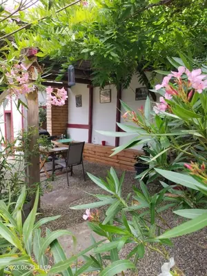 a patio with a table and chairs in a garden at La Cave à Julie in Mirepoix