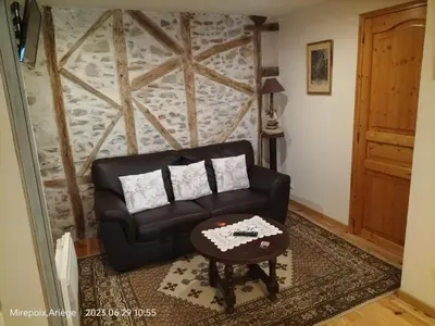 a living room with a black couch and a table at La Cave à Julie in Mirepoix