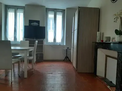 a living room with a table and a fireplace at Studio Narbonne in Narbonne
