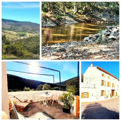 a collage of three pictures of a bathroom at Maison au pied de la Montagne Noire 6 to 13 people in Cassagnolles
