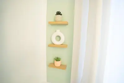 a room with wooden shelves with a vase and plants at Centre de Carcassonne 2min gare in Carcassonne