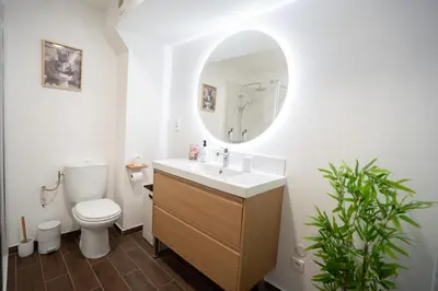 a bathroom with a sink and a toilet and a mirror at Centre de Carcassonne 2min gare in Carcassonne