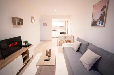 a living room with a gray couch and a tv at Centre de Carcassonne 2min gare in Carcassonne