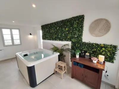 a bathroom with a bath tub and plants on the wall at L'Escale du Puits in Puylaurens