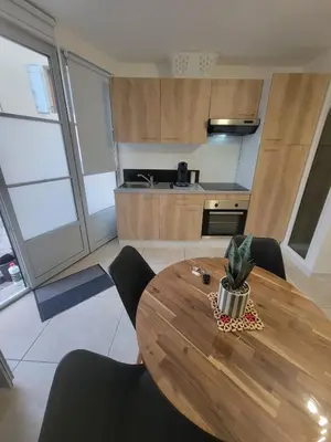 a kitchen with a wooden table with a potted plant on it at L'Escale du Puits in Puylaurens