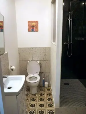 a bathroom with a toilet and a sink and a shower at Maison cosy au coeur du Pays Cathare - Corbières in Cascastel-des-Corbières