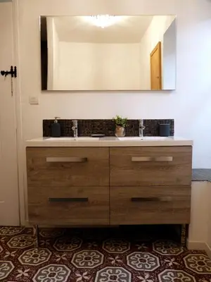 a bathroom with a sink and a mirror at Maison cosy au coeur du Pays Cathare - Corbières in Cascastel-des-Corbières