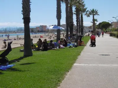 a group of people sitting on the grass at the beach at Villa confortable, parking, animaux OK - 6 pers. - FR-1-796-109 in Gruissan