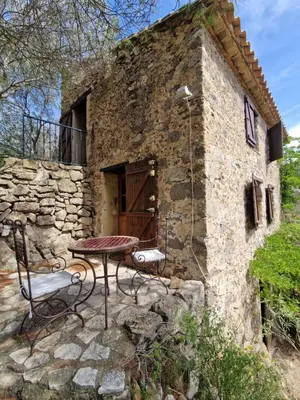 a wooden bench sitting on top of a table with a tree at Le Refuge des Garrigues in Fraissé-des-Corbières