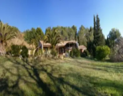 a house in the middle of a field with trees at Schwanenvilla in Paraza