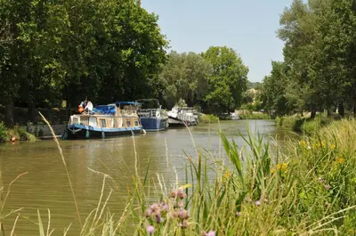 two boats are docked on a river with trees at Maison Matisse in Saint-Nazaire-dʼAude