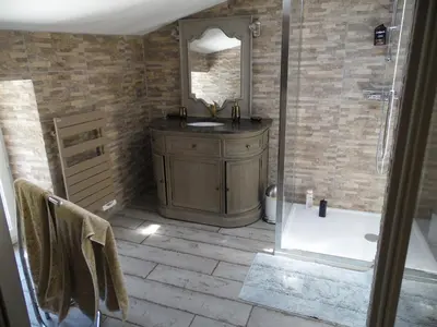 a bathroom with a shower with a sink and a tub at Gîte Belfloret in Renneville