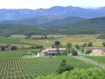 a vineyard in the mountains with a house in the middle at Villa in Conilhac with Private Terrace in La Serpent