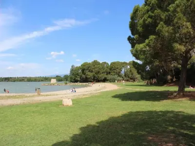a park with people on the beach and a tree at Holiday Home in Félines-Minervois with Pool in Félines-Minervois