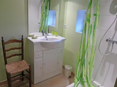 a bathroom with a sink and a shower at Holiday Home in Montbrun with Pool & Vineyards in Montbrun-des-Corbières