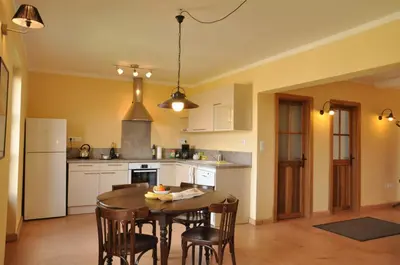 a kitchen with a table and chairs and a kitchen with a refrigerator at Vinauberge in Poilhès