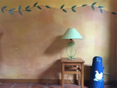 a lamp on a table next to a wall with a branch at Gite de Serrelongue in Montségur