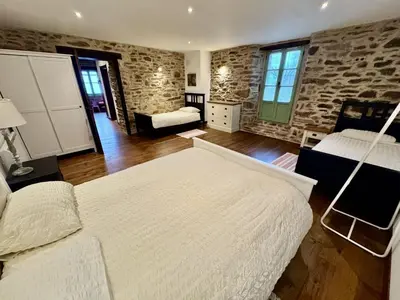 a bedroom with two beds and a stone wall at Les Coumayres in Riols