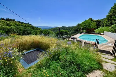a swimming pool in the middle of a field of flowers at Les Coumayres in Riols