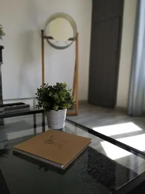 a book on a glass table with a potted plant at Appartement du GET in Revel