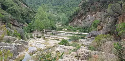 a river in a mountain with rocks and trees at Les chalets du Relais d'Aguilar in Tuchan