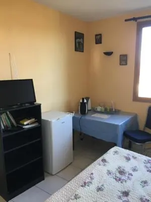 a room with a bed and a desk and a television at Les Orchidées in Carcassonne