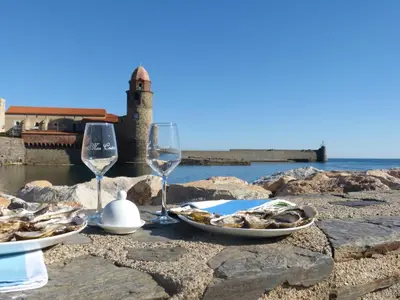 a table with two wine glasses and a plate of oysters at Chouette coquette in Salses-le-Chateau