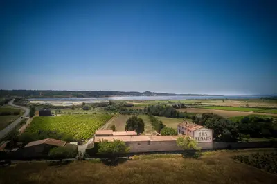an aerial view of a farm with a building and a river at Les Fenals in Fitou